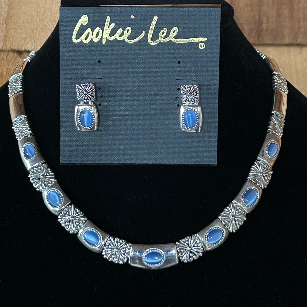 Cookie Lee necklaces and earrings set silver tone blue stone. 3 pieces.